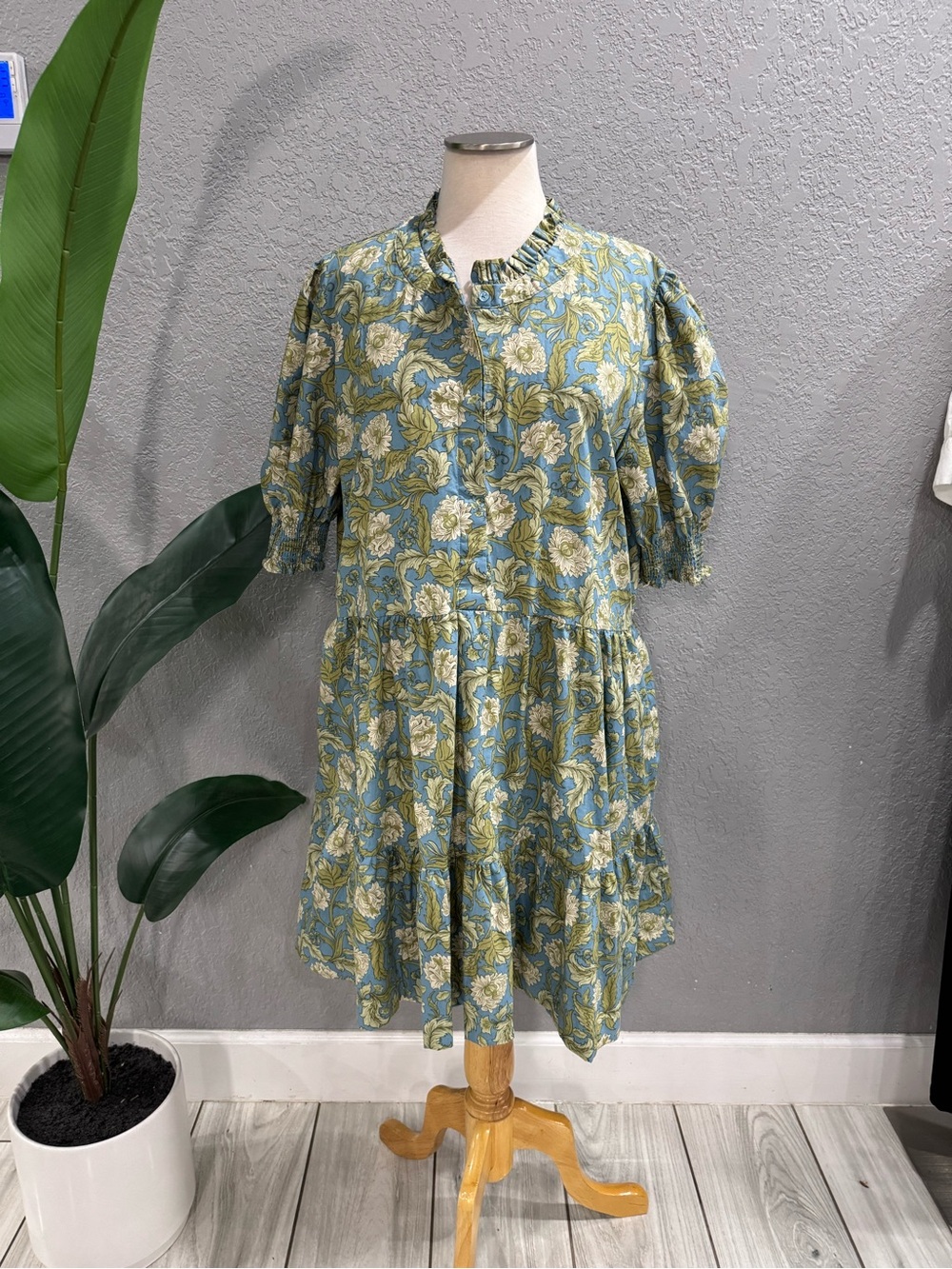 Cactus Floral Mini Dress in Sage Green and Cream